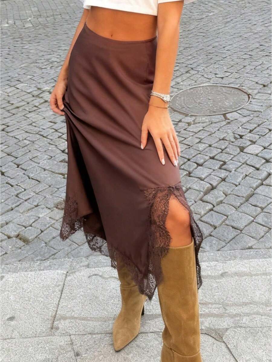 Women Silk Satin Half Slip Long Skirts Oblique Split Lace Patchwork Elastic Waist Maxi Skirt Elegant Silky Flowy A Line Midi Skirts For Under Dress - 棕色 - 查看 1