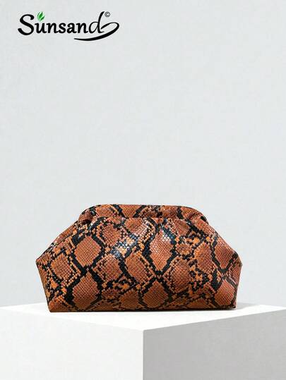 ENBEI Lightweight Snake Skin Pleated Clutch Bag, Mother's Day Gift, Shiny Holiday Makeup Bag, Brown Handbag, New Fashion Women's Bag, Shell Bag, Minimalist & Versatile, Elegant Fashion Evening Bag, Suitable For Dates, Shopping, Commuting And Work. Shiny Holiday And Christmas Gift.