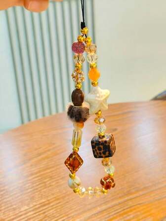 1条新款星形、立方体、豹纹手机挂绳，短款女士挂绳，带心形蝴蝶结串珠链，适用于手机壳