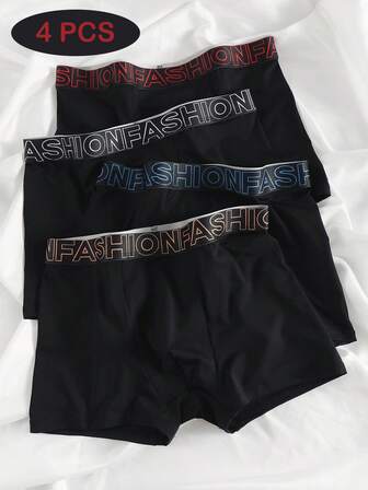 4 st. herrboxershorts med bokstavstryck i midjan, bekväma, moderiktiga herrunderkläder, svarta