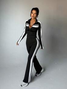 Y2K街头风黑白撞色拉链运动套装 - 修身喇叭裤两件套运动套装 - 黑與白 - 查看 1