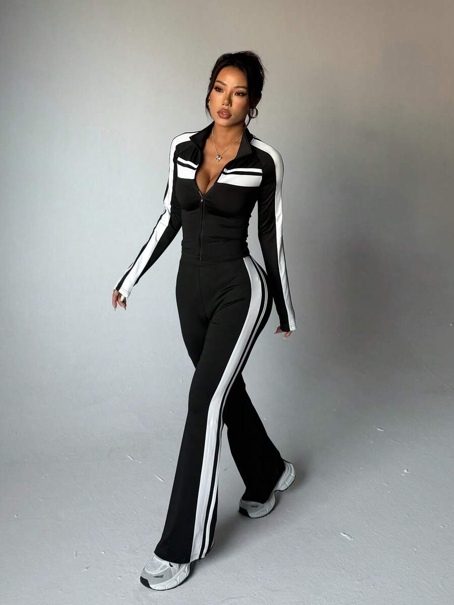 Y2K街头风黑白撞色拉链运动套装 - 修身喇叭裤两件套运动套装 - 黑與白 - 查看 1