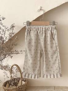 INS Baby Girls' Casual Ditsy Floral Ruched Flounce Corduroy Pants, Spring/Autumn - Apricot - View 2