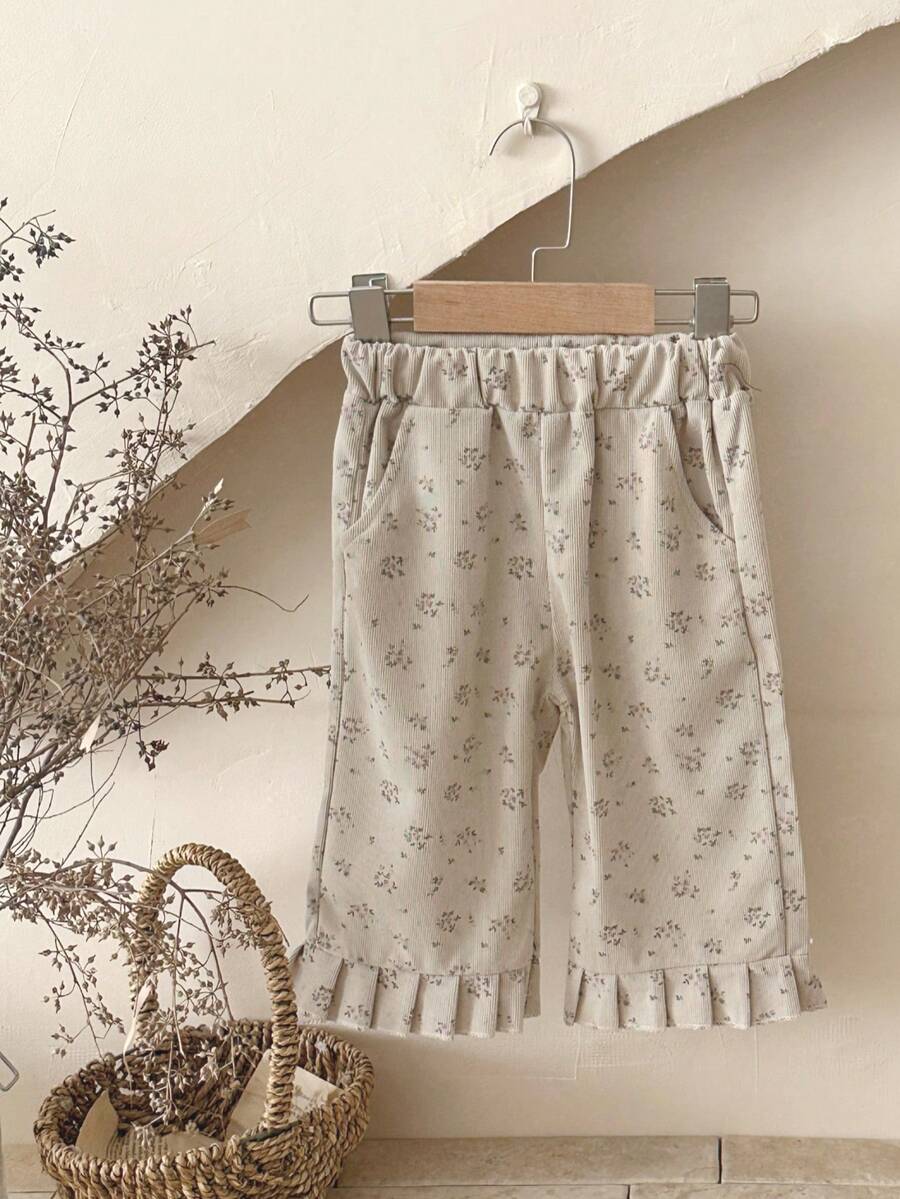 INS Baby Girls' Casual Ditsy Floral Ruched Flounce Corduroy Pants, Spring/Autumn