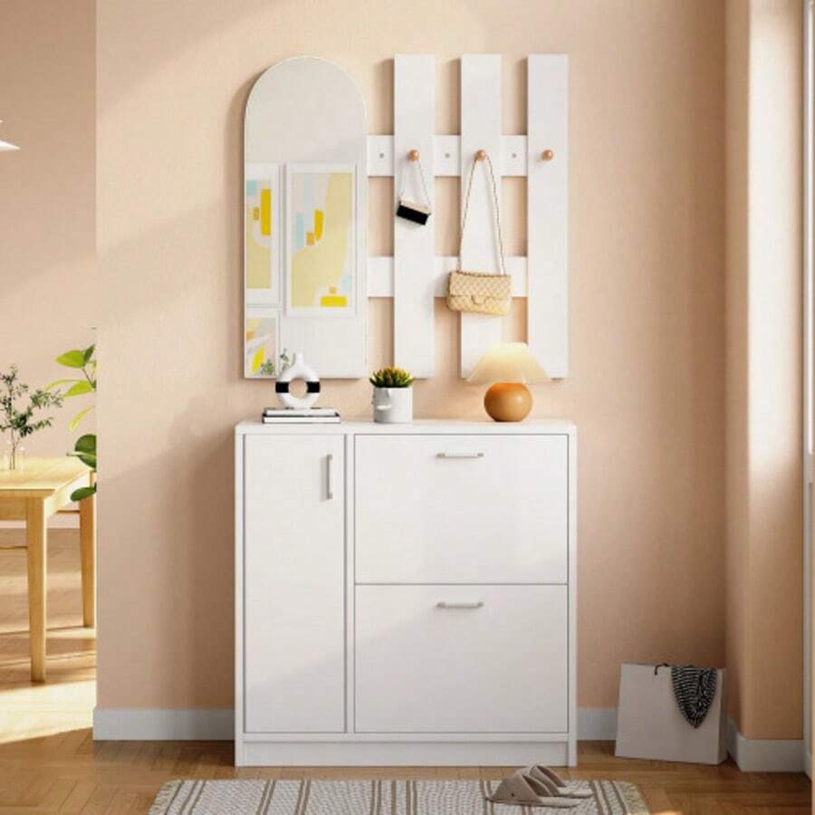 Garderoben-Set 3-teilig, Flur Garderoben Komplettprogramme mit 1 Schuhschrank, 1 Wandspiegel und 1 Garderobenpaneele, Wandgarderobe mit Ablage, Stylishe Garderobenset, Flurmöbel,Weiß - Blanc - Voir 1