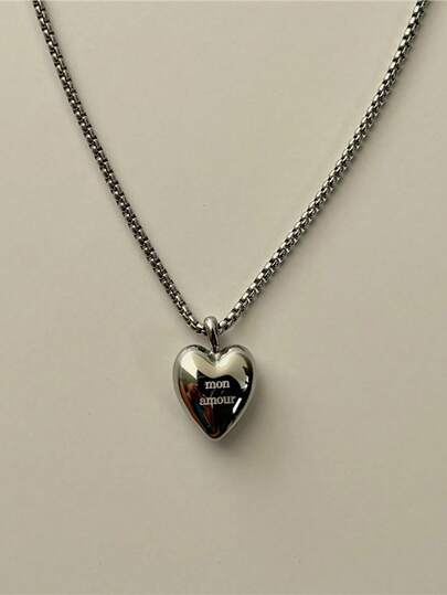 1pc Stainless Steel Hollow Heart Pendant Necklace, "Mon Amour" Engraved, Unisex 18K Gold Plated Neck Chain, Suitable For Daily Wear And Dates, Valentine's Day Gift