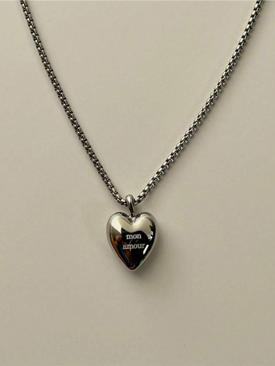 1件不锈钢镂空心形吊坠项链，刻有“Mon Amour”字样，男女皆宜的18K镀金项链，适合日常佩戴和约会，情人节礼物 - 銀色 - 查看 1