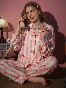 2pcs Women Striped Pajama Set, Long Sleeve Cardigan Top And Pants, Sleepwear For Spring, Autumn And Winter - Multicolor - View 5