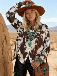 Chemise/Top vintage simple à imprimé vache et léopard, col cowboy, pour femmes, toutes saisons