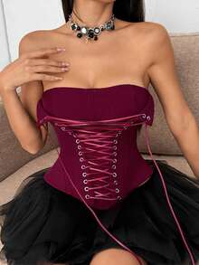 VexicaY2K 女士系带束身露脐上衣 - 紅色 - 查看 6