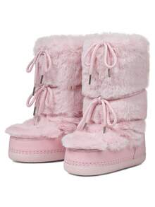 Knee High Boots For Women,Fuzzy Flat Round Toe Rhinestone Lace-Up Slip On Warm Shoes Winter Outdoor Party Chirstmas And Halloween Snow Boots - 粉色 - 查看 9
