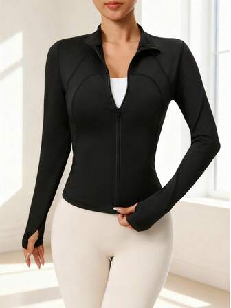 Women's Outdoor Sports Casual Fitness Jacket With Thumb Hole And Zipper, Suitable For Running And Workout