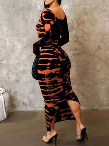 Spring And Summer Elegant Long-Sleeved Ankle-Length Tie-Dye Contrasting-Color Print Tight-Fitting Dress, Sexy Tight-Fitting Figure-Hugging Long Dress For Women - trái cam - Xem 6