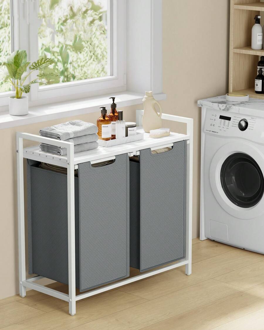 Laundry Basket, 2-Compartment Laundry Hamper, Pull-Out And Removable Liner Bags, Clothes Sorter, Shelf, Metal Frame, 2 X 46 L, 73 X 33 X 72 Cm, Slate Grey And Matte White - Light Grey - View 1