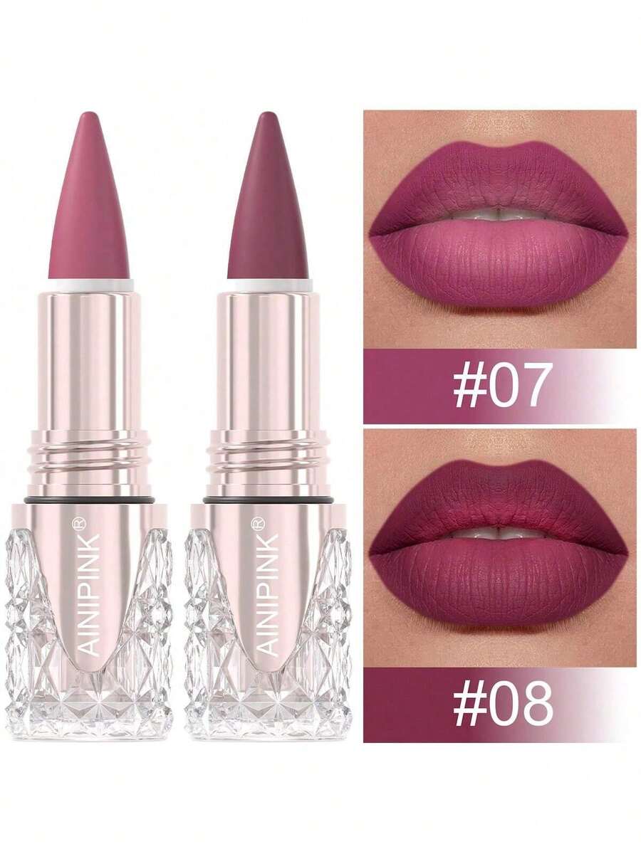 AINIPINK 2pcs (07#+08#) Matte Lipstick Lip Gloss, Waterproof , Easy To Apply, Does Not Fade, Does Not Stick To The Cup, Sweat-Proof, Convenient To Carry, Beautiful Gift, Daily Makeup, Festival Makeup, Universal Color Makeup, Y2K Makeup Party Beach Travel Holiday Camping Outdoors Present Rose Fashion Girl New Year Cosmetic Cosplay Best Trip Festivals Color Fancy Campus School Charm Vibe Cny Chinese New Year, Valentine's Day Gifts,Vegan,Cruelty Free - Nhiều màu - Xem 1