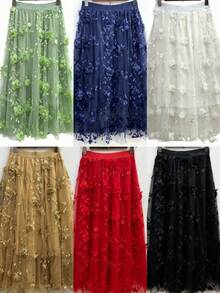 Midi Tulle Skirt With Elegant 3D Flowers - Various Colors - Sizes S To XL - Đỏ 1 - Xem 7