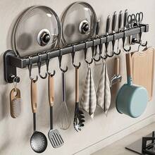 Kitchen Utensil Rack, Kitchen Storage Hooks, Self-Adhesive Track Storage Rack, Wall-Mounted Detachable Pot Lid Holder With Hooks, Suitable For Knives, Cups, Spoons, Pot Lids And Other Kitchen Utensils, Ideal For Kitchen, Bathroom And Bedroom. Also A Perfect Choice For Christmas Decoration. Kitchen Storage Rack