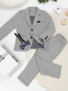 3pcs Kids Suit Set, Includes Jacket, Pants And Bow Tie, Gentleman Style, Suitable For Spring/Autumn, Birthday, Wedding - Grey - View 8