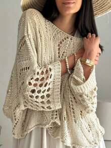 Áo len nữ tay lỡ 3/4 dáng rộng, khoét lỗ, thời trang cao cấp, thiết kế trễ vai, hoàn hảo cho kỳ nghỉ, mềm mại, thoải mái, đa năng cho mùa hè. - Màu be - Xem 2