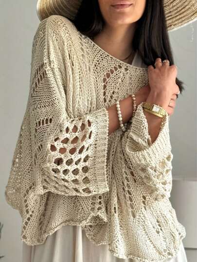 Fashionable Loose Hollow-Out High-End Women's 3/4 Sleeve Knit Sweater, Off-Shoulder Design Perfect For Vacation, Soft & Comfortable Casual Versatile