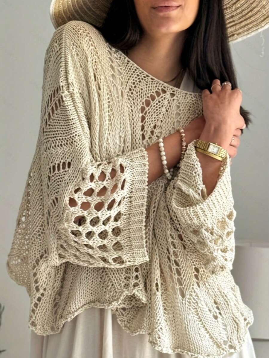 Áo len nữ tay lỡ 3/4 dáng rộng, khoét lỗ, thời trang cao cấp, thiết kế trễ vai, hoàn hảo cho kỳ nghỉ, mềm mại, thoải mái, đa năng cho mùa hè.