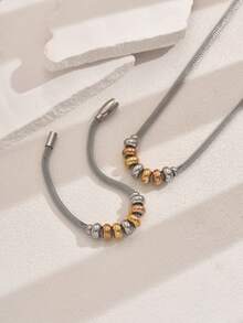 2pcs Minimalist Stainless Steel Beaded Necklace & Bracelet Jewelry Set, Couples Accessories For Daily Wear - Multicolor - View 3