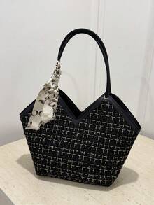 Leichte Schleifendekor, tragbar, lässig, modisches kariertes Muster, schmaler Schal-Dekor, Tweed-Schultertasche für Mädchen, Frauen, Studenten, Büroarbeiter für Herbst und Winter, für Arbeit, Büro, Pendeln, für Herbst und Winter, Outdoor - Schwarz - Übersicht 4