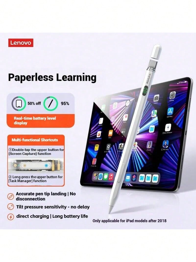 Lenovo BP26 Magnetic Stylus Pen, Compatible With All Apple IPad Models, Tilt And Pressure Sensitive, Seamless Latency And Anti-Interruption Touch, Bluetooth Display, Multi-Function Buttons, Metal Body, Precise Drawing And Creation. - White - View 1