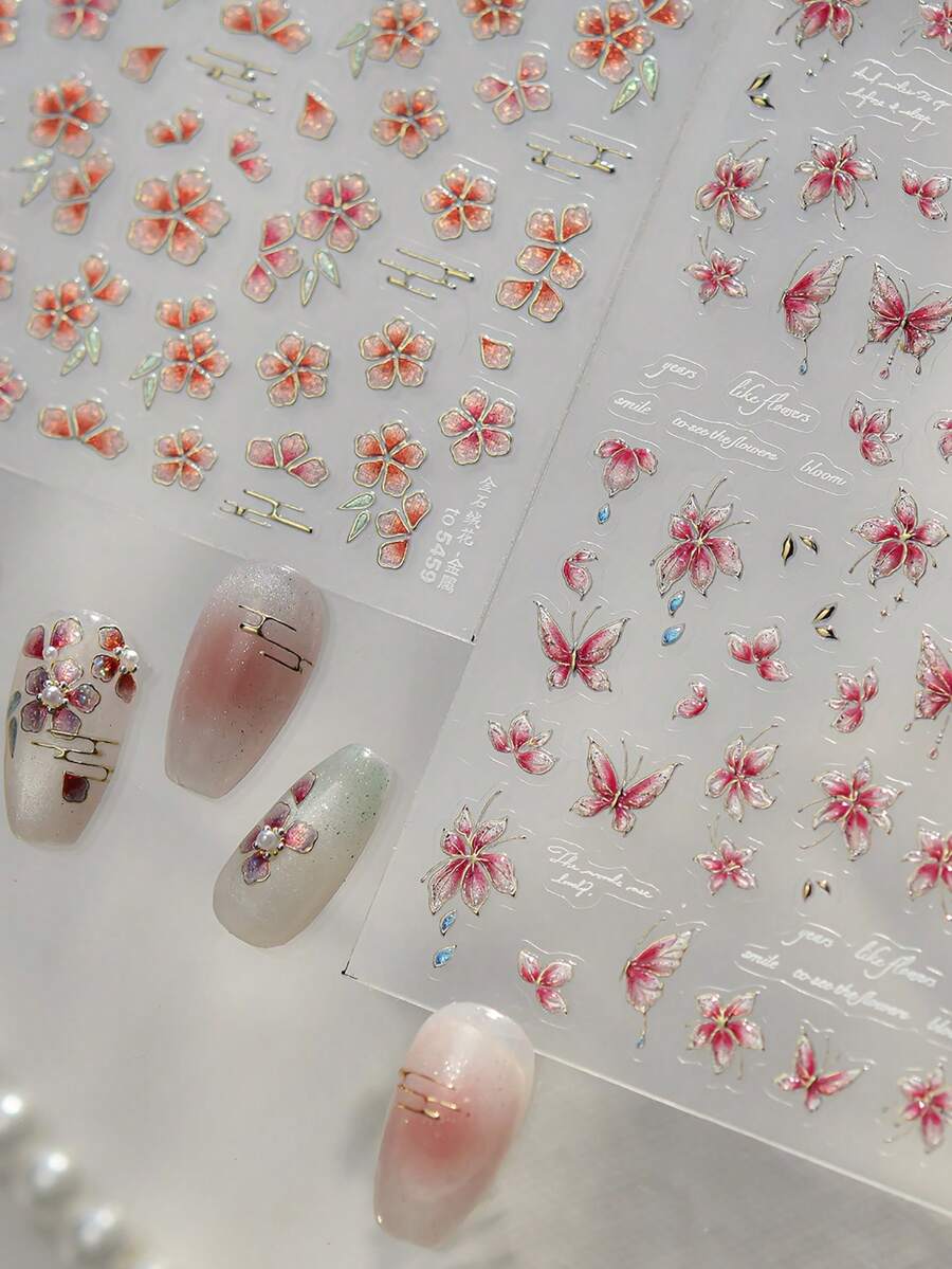 1 Sheet Light Luxury Metal Nail Sticker Butterfly/Flower Self-Adhesive Nail Transfer Sliders Wraps Manicures Foil Golden Decorative Nail Decals Nail Stickers - Multicolor - View 1