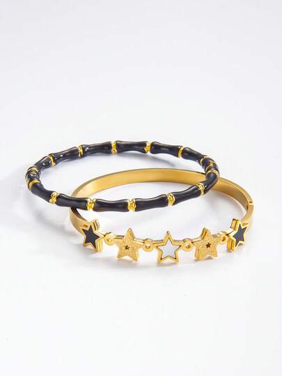 Bộ 2 chiếc/Bộ Vòng tay nữ trang trí ngôi sao và nút thắt tre phong cách Trung Hoa mới thanh lịch, mạ vàng 18K chống phai màu, thích hợp đeo hàng ngày, đi nghỉ, làm quà tặng ngày lễ, quà tặng lãng mạn cho mẹ, bạn gái, bộ trang sức