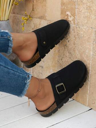 女士室内外防滑休闲拖鞋，软木厚底露跟一脚蹬凉鞋