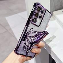 Shockproof, Transparent, Fashionable Electroplated Cushion Glitter Butterfly Stand Phone Case Compatible With Samsung Galaxy S26/S22/23/24/25/S24 FE/S25 EDGE, A04/05/06/A07/A14/A15/A16/A17/A24/A25/A34, Note 9/10/11/12/13, 9/10/12/13C 14C, Honor X, RENO C53 C55 C61 C63 C75 - Purple - View 2