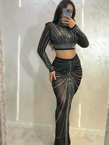 Women's Sexy 2 Pieces Dress Set Mesh Rhinestone Long Sleeve Crop T-Shirt +Bodycon Skirt Fashion Party Club Outfits