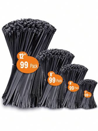 Zip Ties 99Pack UV Resistant Industrial Cable Ties Self Locking Zipties Wire Ties Wrap Indoor Outdoor Use For Fence Garage Camping Home Office, Heavy Duty Plastic Wire Ties, Black