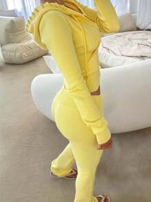 Bộ 2 món đồ nữ màu vàng thủ công, có mũ trùm đầu, dây rút và khóa kéo, thích hợp cho cả hoạt động ngoài trời và trong nhà, ngọt ngào và thoải mái, đồ đi nghỉ mát và thể thao mùa đông. - Màu vàng - Xem 9