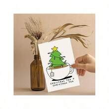 1pc Versatile Friendship Card - Playful Christmas Tree & Teacup Design - Suitable For Christmas, Corporate Supplies, Greeting Cards - Red Envelope - View 2