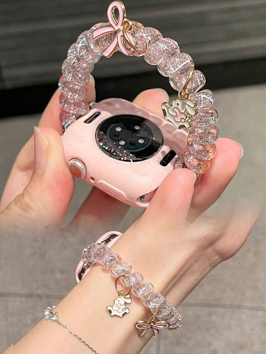 1个女士时尚发圈蝴蝶结弹力带，适用于38/40/41/42/44/45/49/46mm Ultra2/Ultra/SE/10/9/8/7/6/5/4/3/2/1 - 粉色 - 查看 1