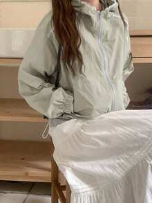 Women's Casual Lace Trim Loose Hooded Long Sleeve Jacket, Spring/Autumn - Light Grey - View 3