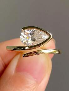 Adjustable S925 Sterling Silver Open Ring, Branch & Leaf Design, Stackable, Inlaid With Cut Gemstone/Cubic Zirconia, Suitable For Stacking Promise Rings - Gold - View 6