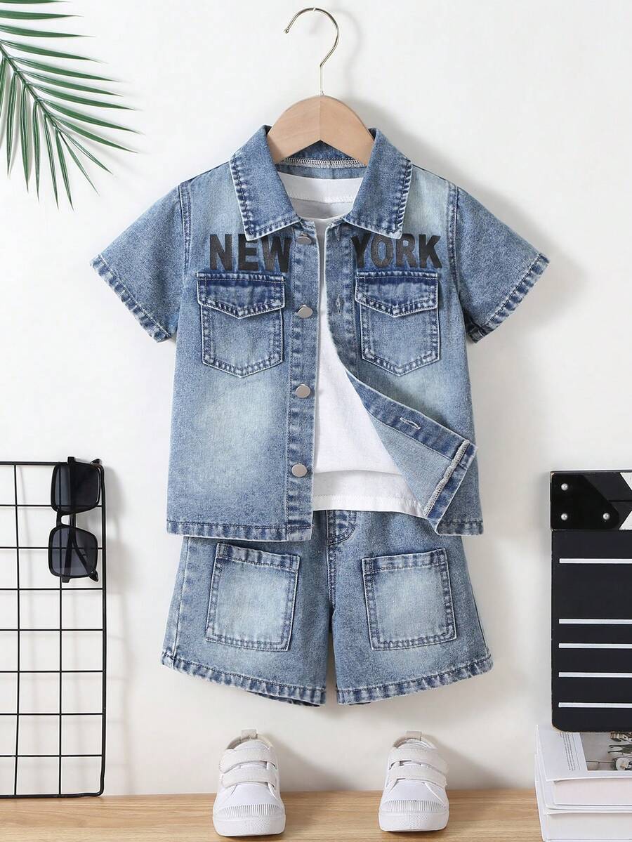 2 Stück/Set Modischer Streetwear Lässig Komfort Jeans Stil Englisch Muster Kragen Schneeflocke Jeans Kurzarm Top und personalisierte Lässig Jeans Shorts Set für Kleine Jungen - Helle Waschung - Übersicht 1