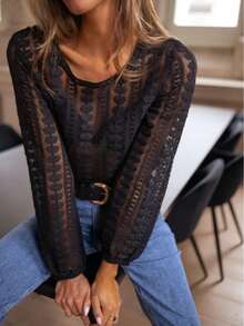 EARO Damen Schwarzer Langarm Häkel-Pullover, eleganter Rundhals-Pullover in Normallänge aus nicht-dehnbarem Stoff, lässiges Shirt mit transparentem Design, vielseitig und stilvoll - Schwarz - Übersicht 3