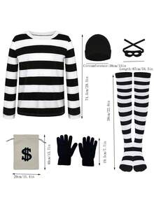 6PCS/8PCS - Men's & Women's Burglar Costume With Striped Shirt, Eye Mask, Money Bag & Gloves, Carnival Couple Party Outfit - Multicolor - View 7