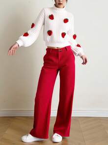 Conjunto de 2 piezas de top tejido con textura 3D de fresa dulce y encantadora y pantalones de pana roja para niñas jóvenes, perfecto para el campus diario, actividades al aire libre y fiestas en primavera, otoño e invierno - Blanco - Ver 5