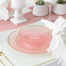 D32 Pieces Crystal Design Plastic Plates Combo Pack 7 Inch And 10 Inch Gold Rim Elegant Disposable Plates Transparent Pink - 透明粉紅色 - 查看 4