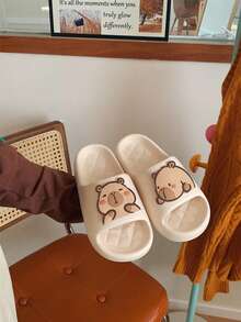 XIXITIAO Capybara Couple Slippers, Soft Flat Casual Slippers, EVA Spring/Summer Cute Slippers, Solid Color Classic Flat Slippers With Fashionable Capybara Pattern, Suitable For Outdoor/Beach/Home Use - Apricot White On the Front - View 6