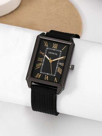 1 pieza Reloj de cuarzo para hombre con correa de nailon y esfera cuadrada, reloj de pulsera casual y versátil de moda masculina con números romanos