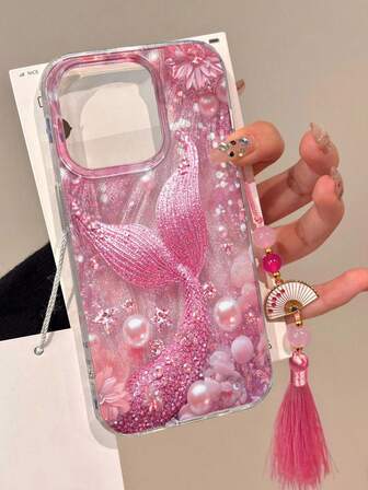 Carcasa de teléfono pequeña a prueba de agua, a prueba de golpes y resistente a los arañazos, con borlas de flor de ciruelo blanca, abanico y cuentas de colores pintadas en estilo de plumas de gasa