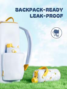 12oz Kids Stainless Steel Water Bottle: 2-In-1 Straw Nozzle Lid, Leak-Proof Thermos Mug With Tote Bag, 24 Hours Cold Storage, Easy To Clean, Suitable For School, Travel, Playtime, Gifts - Blue and Yellow Daisies and Bees - View 3