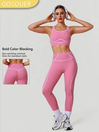 GOSOUER 2 PCS CO Ord Athlete Training Outfit Color-Blocked Striped Backless Sports Bra And Buttock Lifting Running Workout Yoga Pants