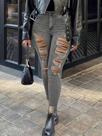 Women Plus Size Winter Fashion Solid Color Ripped Skinny Mom Jeans Casual Tummy Control Stretchy Jeggings